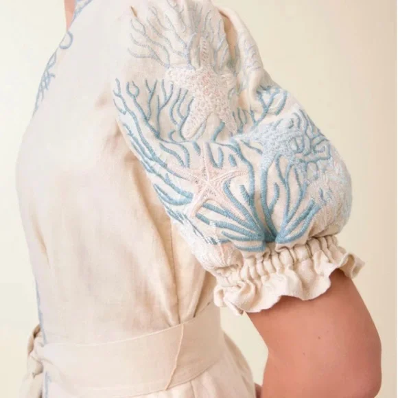 Spartina 449 | Cream Linen Dress with Blue Tassel Belt - Picture 5 of 7